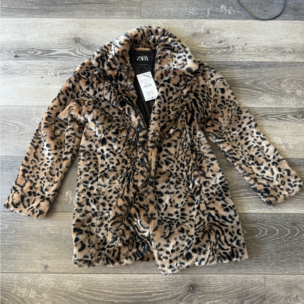 Zara Leopard Print Faux Fur Coat